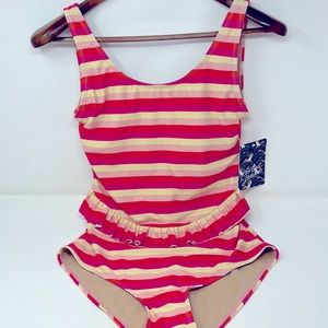 Kortni Jeane Pink Yellow Striped Ruffle Swimsuit Size Medium Brand New W/Tags